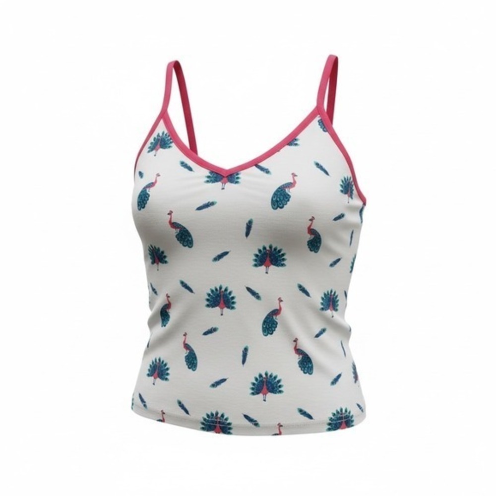 Kyte Baby Women Peacock Print Bamboo V-Neck Camisole Top White Pink S/M